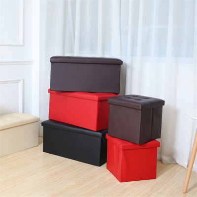 Red Footstool Pvc Cubes Rectangle Foldable Faux Leather Storage Ottoman