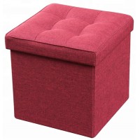 Square Padded Seat Linen Fabric Cover Foldable Ottoman with Storage