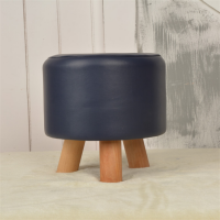 Round Ottoman With 3 Wood Legs Footstool Wooden Leather Stool For Sale